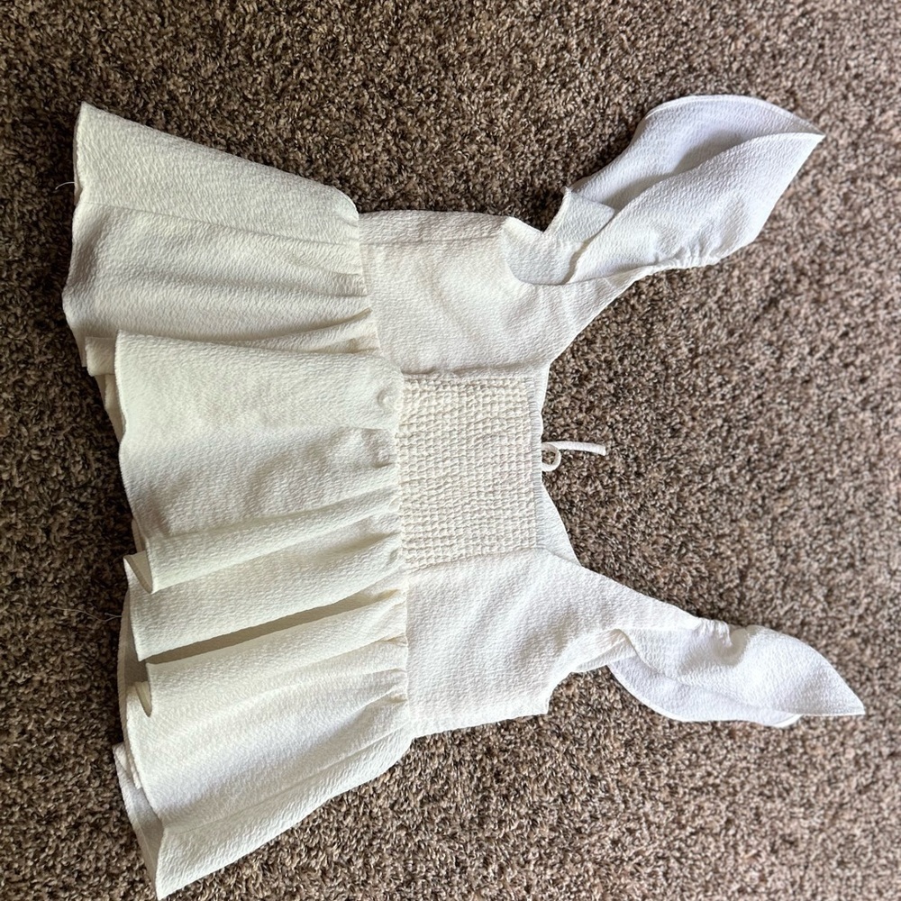 Urban Outfitters Cream Flutter Sleeve Blouse with Smocked Waist - Picture 8 of 12